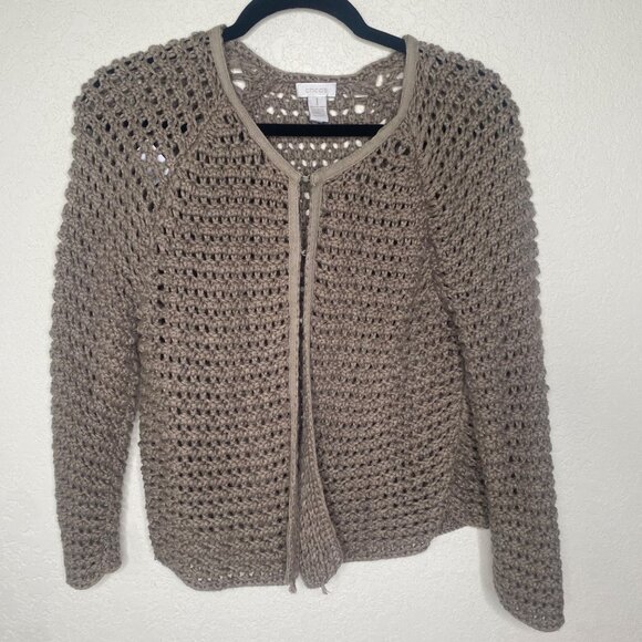 Chicos Chunky Knit Cardigan Sweater Womens M Beige Cotton Blend Neutral Minimali - Picture 1 of 9